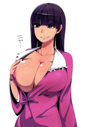 Rule 34 | 1girl, alternate breast size, black hair, breasts, cleavage, collarbone, daa (blame2212), dress, hair in own mouth, highres, hime cut, houraisan kaguya, huge breasts, long hair, looking at viewer, purple eyes, shiny skin, smile, solo, touhou, undressing, white background