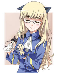 Rule 34 | 00s, 1girl, agahari, animal ears, blonde hair, cat ears, character doll, doll, glasses, hand puppet, light smile, military, military uniform, perrine h. clostermann, puppet, sakamoto mio, smile, solo, strike witches, tail, uniform, world witches series