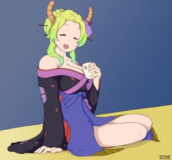 Rule 34 | 10s, 1girl, bare shoulders, blonde hair, bohne, breasts, gradient hair, hair ornament, hair up, highres, horns, japanese clothes, kimono, kobayashi-san chi no maidragon, large breasts, lucoa (maidragon), multicolored hair, open mouth, self-upload, solo