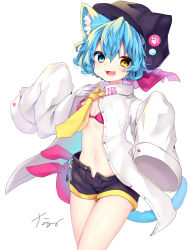 Rule 34 | 1girl, :d, animal ear fluff, animal ears, animal hat, bikini, bikini under clothes, black hat, black shorts, blue eyes, blue hair, bow, breasts, cabbie hat, cat ears, cat girl, cat hat, cat tail, collared shirt, commentary request, dress shirt, fake animal ears, fang, hat, hat bow, heterochromia, highres, long sleeves, nachiru, navel, necktie, open clothes, open fly, open mouth, open shorts, original, oversized clothes, oversized shirt, pink bikini, pink bow, shirt, short hair, short shorts, shorts, signature, simple background, sleeves past fingers, sleeves past wrists, small breasts, smile, solo, swimsuit, tail, white background, white shirt, yellow eyes, yellow necktie