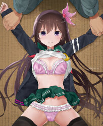 Rule 34 | 1boy, 1girl, angry, arm grab, blush, bra, breasts, brown hair, cleavage, crying, crying with eyes open, flower, hair flower, hair ornament, jako kyoku, kantai collection, kisaragi (kancolle), long hair, medium breasts, purple eyes, restrained, skirt, tears, thighhighs, underwear
