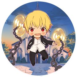 Rule 34 | 1boy, ai-wa, blonde hair, chain, chibi, church, enkidu (weapon) (fate), fate/stay night, fate (series), gate of babylon (fate), gilgamesh (fate), male focus, official alternate costume, open mouth, red eyes, smile, solo, tree, type-moon