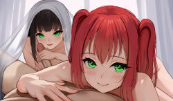 Rule 34 | 1boy, 2girls, black hair, blunt bangs, blush, closed mouth, commentary, completely nude, english commentary, ffm threesome, green eyes, group sex, handjob, hetero, highres, kurosawa dia, kurosawa ruby, looking at viewer, love live!, love live! sunshine!!, lying, minted, mole, mole under mouth, multiple girls, nude, on stomach, parted lips, penis, pov, red hair, siblings, sisters, smile, threesome, twintails, uncensored, under covers