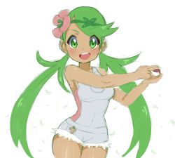 Rule 34 | 1girl, creatures (company), flower, game freak, green eyes, green hair, hair flower, hair ornament, long hair, looking at viewer, low twintails, mallow (pokemon), nashirasauce, nintendo, open mouth, pink shirt, poke ball, poke ball (basic), pokemon, pokemon sm, shirt, simple background, sketch, smile, solo, twintails, white background