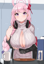Rule 34 | 1girl, between breasts, blue archive, breast hold, breasts, cleavage, closed mouth, cup, eimi (blue archive), hair ornament, halo, headphones, headphones around neck, highres, jacket, large breasts, leaning forward, long braid, long hair, looking at viewer, open clothes, pink eyes, pink hair, pink halo, plate, ponytail, solo, sweater, upper body, white sweater, yuuichi (reductionblack)