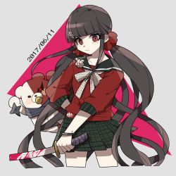 Rule 34 | 1girl, black hair, blood, blunt bangs, closed mouth, collarbone, commentary request, cowboy shot, danganronpa (series), danganronpa v3: killing harmony, dated, hair ornament, hair scrunchie, hairclip, harukawa maki, holding, holding weapon, knife, long hair, long sleeves, looking at viewer, low twintails, mea-miyu, mole, mole under eye, monotaro (danganronpa), pink background, plaid, plaid skirt, pleated skirt, red eyes, red scrunchie, red shirt, scarf, school uniform, scrunchie, serafuku, shirt, skirt, twintails, very long hair, weapon