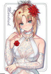 Rule 34 | 1girl, arm across waist, bare shoulders, blonde hair, blush, breasts, cenangam, choker, collarbone, detached sleeves, dress, fate/grand order, fate (series), flower, green eyes, hair flower, hair ornament, hand up, highres, jewelry, lace, lace choker, long hair, looking at viewer, mordred (fate), mordred (fate/apocrypha), necklace, pearl necklace, ponytail, red flower, red rose, red scrunchie, rose, scrunchie, sidelocks, sleeveless, sleeveless dress, solo, sweatdrop, white dress