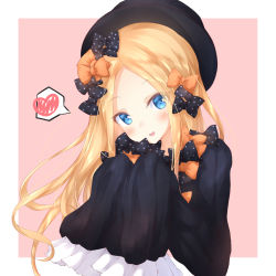 Rule 34 | 1girl, abigail williams (fate), bad id, bad pixiv id, black bow, black dress, black hat, blonde hair, blue eyes, blush, bow, dress, fate/grand order, fate (series), forehead, hair bow, hands up, hat, head tilt, heart, highres, long hair, long sleeves, multiple hair bows, numpopo, open mouth, orange bow, parted bangs, pink background, polka dot, polka dot bow, round teeth, sleeves past fingers, sleeves past wrists, solo, spoken heart, teeth, two-tone background, upper body, upper teeth only, very long hair, white background