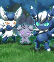 Rule 34 | :o, absurdres, closed mouth, commentary request, creatures (company), espurr, evolutionary line, falling leaves, fangs, game freak, gen 6 pokemon, glowing, grass, highres, jira (ziraiya26), leaf, meowstic, meowstic (female), meowstic (male), mountain, night, nintendo, no humans, open mouth, outdoors, pokemon, pokemon (creature), sky, standing