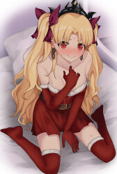 Rule 34 | 1girl, absurdres, alternate costume, bare shoulders, belt, blonde hair, blush, bow, brown belt, christmas, closed mouth, collarbone, commentary request, dress, earrings, elbow gloves, ereshkigal (fate), fate/grand order, fate (series), fur-trimmed gloves, fur-trimmed thighhighs, fur trim, gloves, hair bow, highres, indoors, jewelry, long hair, looking at viewer, mixed-language commentary, no shoes, on bed, parted bangs, pillow, red bow, red dress, red eyes, red gloves, red thighhighs, shadow, sitting, smile, solo, strapless, strapless dress, sweat, tanuki (siutkm0228), thighhighs, tiara, two side up