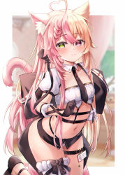 Rule 34 | 1girl, absurdres, ahoge, animal ears, black footwear, black gloves, blonde hair, cat ears, cat girl, cat tail, closed mouth, crossed bangs, eric (tianqijiang), gloves, green eyes, hair ornament, heart, heart-shaped pupils, heterochromia, highres, looking at viewer, multicolored hair, navel, original, pink hair, puffy short sleeves, puffy sleeves, purple eyes, shoes, short sleeves, smile, solo, symbol-shaped pupils, tail, thigh strap, thighs
