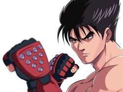 Rule 34 | 1boy, black eyes, black hair, closed mouth, fighting stance, fingerless gloves, gloves, highres, kazama jin, male focus, simple background, solo, tekken, tina fate, topless male, upper body, white background