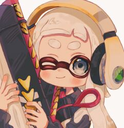 Rule 34 | 1girl, blue eyes, carbon roller (splatoon), commentary request, headphones, highres, inkling, inkling girl, inkling player character, long hair, nintendo, ochocho2828, one eye closed, open mouth, simple background, smile, solo, splatoon (series), splatoon 3, tentacle hair, thick eyebrows, upper body, white background, white hair