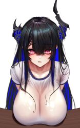 Rule 34 | 1girl, absurdres, alternate breast size, asymmetrical horns, black hair, blue hair, breasts, colored inner hair, demon horns, desk, hair ornament, highres, hololive, hololive english, horns, huge breasts, long hair, looking at viewer, mole, mole under eye, multicolored hair, nerissa ravencroft, red eyes, see-through, shirt, short sleeves, soju ice, solo, t-shirt, two-tone hair, uneven horns, upper body, very long hair, virtual youtuber, wet, wet clothes, wet shirt
