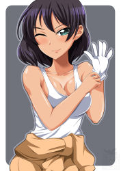 Rule 34 | 1girl, black hair, blush, border, breasts, cleavage, closed mouth, collarbone, girls und panzer, gloves, green eyes, grey background, highres, hoshino (girls und panzer), ichijou takakiyo, large breasts, looking at viewer, no bra, one eye closed, shiny skin, short hair, simple background, smile, solo, tank top, upper body, white border, white gloves, white tank top