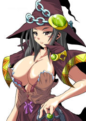 Rule 34 | atlus, black eyes, black hair, breasts, buta, cleavage, covered erect nipples, doctor magus, etrian odyssey, hand on own hip, hat, huge breasts, solo, witch hat