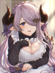 Rule 34 | 1girl, alternate costume, apron, bad id, bad pixiv id, black sweater, blue eyes, bow, breasts, chromatic aberration, cleavage, cleavage cutout, clothing cutout, draph, enmaided, frilled apron, frills, granblue fantasy, hair bow, hair ornament, hair over one eye, hand on own chest, heart, heart-shaped pupils, highres, horns, kiri ph, large breasts, light purple hair, maid, narmaya (granblue fantasy), narmaya (valentine) (granblue fantasy), pointy ears, sleeves past wrists, smile, solo, sweater, symbol-shaped pupils, twitter username, white apron