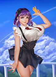 Rule 34 | 10s, 1girl, artist name, bird, black flower, black hairband, black rose, blue eyes, breasts, candy, cloud, cloudy sky, collared shirt, cowboy shot, dagashi kashi, easonx, flower, food, frills, hair ornament, hairband, high-waist skirt, large breasts, looking at viewer, nail polish, necktie, outdoors, purple hair, red nails, red necktie, rose, shidare hotaru, shirt, short hair, signature, skirt, sky, smile, solo, suspender skirt, suspenders, sweets