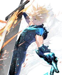 Rule 34 | 1boy, armor, belt, blonde hair, blue eyes, blue pants, blue shirt, buster sword, cloud strife, cofffee, earrings, fighting stance, final fantasy, final fantasy vii, final fantasy vii remake, fire, gloves, holding, holding sword, holding weapon, jewelry, male focus, multiple belts, pants, perspective, shirt, shoulder armor, single earring, solo, spiked hair, suspenders, sword, upper body, weapon, white background