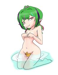 Rule 34 | 1girl, breasts, convenient censoring, covering chest, covering privates, green hair, hexavt, hikkimoshi, kneeling, nude, pointy ears, rubber duck, small breasts, taroni (artist), twitch, virtual youtuber, water
