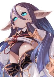 Rule 34 | absurdly long hair, black hair, blue eyes, cloud, granblue fantasy, hands on own cheeks, hands on own face, harvin, highres, iwao (pixiv258710), long hair, pointy ears, rei (granblue fantasy), shiny skin, sidelocks, smile, solo, thighs, unusually open eyes, very long hair
