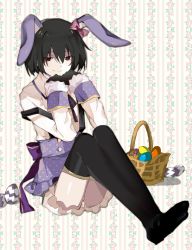 Rule 34 | 1girl, animal ears, basket, black bow, black eyes, black gloves, black hair, black ribbon, black thighhighs, bob cut, bow, bowtie, commentary, easter, easter egg, egg, empty eyes, floral print, gloves, hair between eyes, hair bow, hand to own mouth, highres, knees up, light smile, looking ahead, monogatari (series), monogatari series puc puc, oshino ougi, own hands together, pink bow, pink ribbon, purple bow, purple ribbon, purple skirt, rabbit ears, retto, ribbon, sitting, skirt, smile, solo, thighhighs