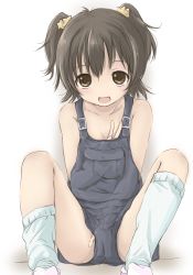 Rule 34 | 10s, 1girl, :d, akagi miria, black hair, blue overalls, blue socks, blush, brown eyes, collarbone, denim, flat chest, hair ornament, hand under clothes, idolmaster, idolmaster cinderella girls, looking at viewer, loose socks, naked overalls, open mouth, overalls, shoes, short hair, smile, socks, solo, star (symbol), star hair ornament, tsurupeta (pikapika45), twintails, white background, white footwear