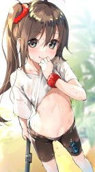 Rule 34 | 1girl, ahoge, bike shorts, brown hair, clothes lift, collarbone, controller, game controller, green eyes, hair between eyes, hair ornament, highres, holding, long hair, looking at viewer, navel, no bra, original, red scrunchie, scrunchie, shirt, shirt lift, side ponytail, smile, solo, stomach, sweat, t-shirt, thigh strap, wet, wet clothes, yanagi yuu