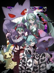 black_sleeves creatures_(company) game_freak gen_1_pokemon gen_4_pokemon gen_7_pokemon gengar ghost ghost_miku_(project_voltage) glitch hatsune_miku highres long_sleeves mimikyu mismagius multiple_girls nintendo pale_skin pokemon print_sleeves project_voltage sleeves_past_fingers sleeves_past_wrists sora_no87 vocaloid