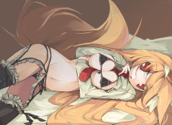 Rule 34 | 1girl, animal ears, between breasts, blonde hair, bra, breast hold, breasts, clothes lift, endou chihiro, female focus, fox ears, fox tail, garter belt, large breasts, lingerie, long hair, lying, navel, necktie, on side, original, panties, red eyes, shirt, shirt lift, solo, tail, thighhighs, underwear
