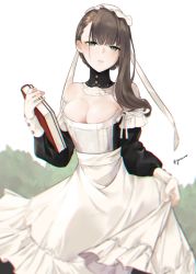 Rule 34 | 1girl, bare shoulders, blurry, blush, book, braid, breasts, brown hair, bun cover, chromatic aberration, cleavage, cowboy shot, depth of field, detached collar, dress, green eyes, hair strand, half-closed eyes, head tilt, holding, holding book, long hair, long sleeves, looking at viewer, maid, medium breasts, motion blur, neko (ganecooo), off-shoulder dress, off shoulder, original, ribbon, single sidelock, skirt hold, solo, two-tone dress, updo, white background