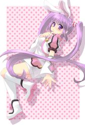 Rule 34 | 1girl, animal ears, blush, cropped jacket, detached sleeves, highres, nogawa harumi, official alternate costume, pink background, polka dot, polka dot background, purple hair, rabbit ears, shorts, solo, sophie (tales), tales of (series), tales of graces, twintails, white shorts