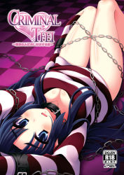 Rule 34 | 1girl, arms up, asakura ryouko, bdsm, blue eyes, blue hair, blush, bondage, bound, chain, checkered floor, collarbone, content rating, cover, cover page, criminal girls, cropped, cuffs, floor, legs, long hair, looking at viewer, lying, matching hair/eyes, nagami yuu, on back, parody, solo, striped, suzumiya haruhi no yuuutsu