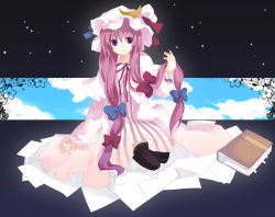 Rule 34 | 1girl, akarino, akarino (yucco), book, cloud, female focus, flower, full body, hat, long hair, outdoors, paper, patchouli knowledge, plant, purple eyes, purple hair, sitting, sky, solo, thighhighs, touhou