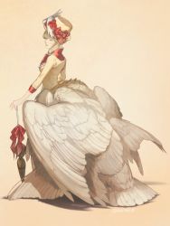 Rule 34 | 1girl, bird girl, blonde hair, blouse, bow, centauroid, closed eyes, feathered wings, female focus, flower, formal, frills, from side, hat, hat bow, hat flower, head wings, monster girl, mullmull02, multiple wings, original, parasol, rose, shirt, sidelocks, sitting, solo, taur, top hat, twitter username, umbrella, white hat, wings, yellow background, yellow hat