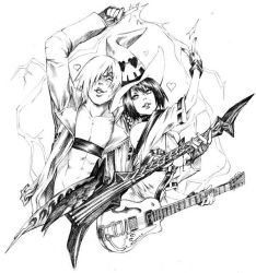 Rule 34 | 1boy, 1girl, abs, artist request, band, belt bra, blush, breasts, coat, crossover, dante (devil may cry), devil may cry (series), electric guitar, fingerless gloves, gloves, greyscale, guilty gear, guitar, hair over one eye, hat, heart, i-no, instrument, medium breasts, monochrome, open clothes, open coat, short hair, upper body, witch hat