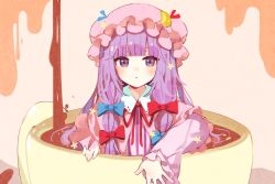 Rule 34 | 1girl, :o, blue bow, blue ribbon, blunt bangs, blush, bow, capelet, coffee, commentary request, crescent, cup, dress, eyebrows hidden by hair, grey background, hair bow, hat, hat ornament, hat ribbon, highres, in container, in cup, long hair, long sleeves, looking at viewer, mob cap, neck ribbon, parted lips, patchouli knowledge, pink capelet, pink hat, pouring, purple dress, purple eyes, purple hair, red bow, red ribbon, ribbon, samayoi, sidelocks, simple background, solo, star (symbol), star hat ornament, striped, teacup, touhou, vertical stripes, wide sleeves