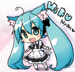 Rule 34 | 1girl, :d, ahoge, ajisa ame, alternate costume, animal ears, aqua eyes, aqua hair, bad id, bad pixiv id, blush stickers, cat ears, character name, chibi, enmaided, hatsune miku, kemonomimi mode, long hair, looking at viewer, maid, nyan, open mouth, shadow, smile, solo, standing, twintails, very long hair, vocaloid