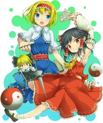 Rule 34 | 2girls, alice margatroid, arm up, armpits, ascot, between fingers, black hair, blonde hair, blue dress, blue eyes, bow, capelet, detached sleeves, dress, grimoire of alice, hair bow, hair tubes, hairband, hakurei reimu, highres, holding, jewelry, lance, lolita hairband, long sleeves, looking at viewer, multiple girls, polearm, puppet rings, red eyes, ring, sash, shanghai doll, shield, shirt, skirt, skirt set, spell card, touhou, uumaru1869, weapon, wide sleeves, yin yang