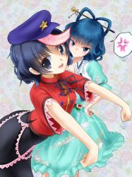 Rule 34 | 2girls, anger vein, ankake hitokaji, aqua dress, black eyes, black hair, black ribbon, black skirt, blue eyes, blue hair, breasts, cabbie hat, chinese clothes, closed mouth, collared vest, commentary request, dress, feet out of frame, floral background, frown, hair ornament, hair rings, hair stick, hat, hat ornament, highres, jiangshi, kaku seiga, lace-trimmed sleeves, lace trim, looking at viewer, medium breasts, medium hair, miyako yoshika, multiple girls, neck ribbon, ofuda, open clothes, open mouth, open vest, outstretched arms, purple headwear, red shirt, ribbon, shirt, short sleeves, skirt, smile, spoken anger vein, star (symbol), star hat ornament, tangzhuang, touhou, vest, white vest, wide sleeves, zombie pose