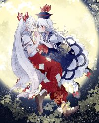 Rule 34 | 2girls, black footwear, blue dress, blue hair, blue headwear, boots, bow, brown footwear, commentary request, dress, closed eyes, fujiwara no mokou, full body, full moon, hair bow, holding hands, hands up, hat, itomugi-kun, kamishirasawa keine, long hair, looking at another, midair, moon, multicolored hair, multiple girls, open mouth, pants, red bow, red eyes, red pants, shirt, shoes, short sleeves, single wrist cuff, smile, suspenders, torn clothes, torn sleeves, touhou, two-tone hair, white bow, white legwear, white shirt, wrist cuffs