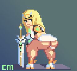 Rule 34 | 1girl, animated, animated gif, ass, ass shake, backpack, bag, bare shoulders, black eyes, blonde hair, breasts, closed mouth, countmoxi, elbow gloves, gloves, grey background, hair ornament, long hair, looking at viewer, looking back, lowres, mythra (xenoblade), pixel art, shoes, solo, sword, twerking, v-shaped eyebrows, weapon, white footwear, white gloves, xenoblade chronicles (series), xenoblade chronicles 2