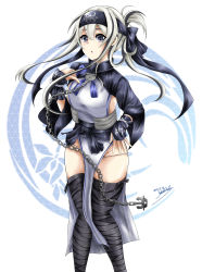 Rule 34 | 10s, 1girl, absurdres, ainu clothes, bandana, black thighhighs, blue eyes, chain, crest, cropped jacket, folded ponytail, hal nakura, headband, highres, kamoi (kancolle), kantai collection, long hair, long sleeves, looking at viewer, sidelocks, solo, thick eyebrows, thighhighs, white background, white hair, wrist guards