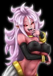 Rule 34 | 1girl, android 21, black background, black nails, black sclera, bracelet, breasts, choker, cleavage, collarbone, colored sclera, colored skin, dragon ball, dragon ball fighterz, earrings, covered erect nipples, half-closed eyes, highres, hoop earrings, jewelry, long hair, looking at viewer, majin android 21, midriff, nail polish, navel, pink skin, red eyes, simple background, solo, tail, tongue, tongue out, white hair, ydraw4fun, yellow choker