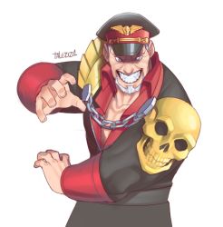 Rule 34 | 1boy, alternate costume, beard, capcom, conto, empty eyes, evil grin, evil smile, facial hair, fighting stance, goatee, grey hair, grin, hat, looking at viewer, m. bison, male focus, open collar, simple background, skull, smile, solo, street fighter, street fighter v, upper body