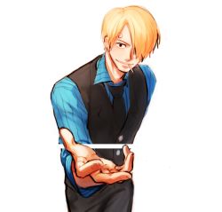 Rule 34 | 1boy, black necktie, blonde hair, blue shirt, cigarette, hair over one eye, male focus, necktie, one piece, pinstripe pattern, sanji (one piece), shirt, simple background, solo, striped, waistcoat, yamsong