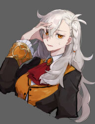Rule 34 | 1girl, ascot, asymmetrical bangs, black coat, braid, coat, cropped torso, fate/grand order, fate (series), frills, grey background, hand on own face, highres, long hair, long sleeves, looking at viewer, multicolored coat, olga marie animusphere, orange coat, orange eyes, red ascot, shironojiro, simple background, solo, sweat, two-tone coat, upper body, white hair