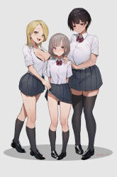 Rule 34 | 3girls, absurdres, age difference, black bra, black footwear, black hair, black skirt, black socks, black thighhighs, blonde hair, blush, bow, bowtie, bra, breasts, bulge, cleavage, clothes lift, collared shirt, commentary request, grey background, grey eyes, grey hair, hand on another&#039;s shoulder, height difference, highres, long hair, medium breasts, multiple girls, open mouth, original, panties, partially unbuttoned, pleated skirt, red bow, red bowtie, shirt, shirt tucked in, shoes, short hair, short sleeves, signature, simple background, skirt, skirt lift, smile, socks, sooon, standing, thighhighs, underwear, white panties, white shirt