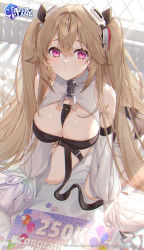 Rule 34 | 1girl, anchorage (azur lane), azur lane, between breasts, black neckwear, black ribbon, blush, breasts, center opening, cleavage, closed mouth, commentary, copyright name, detached sleeves, english commentary, feet out of frame, from above, frown, hair between eyes, hair flaps, hair intakes, hair ribbon, headgear, highres, indoors, kneeling, kuroki (ma-na-tu), large breasts, light brown hair, light rays, long hair, looking at viewer, milestone celebration, official art, purple eyes, puzzle, puzzle piece, ribbon, second-party source, solo, sunlight, thigh strap, twintails, very long hair, watermark, window