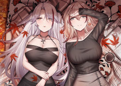 Rule 34 | 2girls, alternate costume, autumn, autumn leaves, azur lane, bad id, bad pixiv id, bare arms, bare shoulders, black dress, black ribbon, black skirt, black sweater, blanket, blonde hair, breasts, cleavage, closed mouth, coffee, coffee mug, collarbone, commentary, contemporary, cross, cross necklace, cup, dress, eyes visible through hair, from above, grey eyes, grey skirt, hair between eyes, hair over one eye, hair ribbon, hand to forehead, highres, jewelry, large breasts, long hair, long sleeves, looking at viewer, lying, medium hair, mug, multicolored hair, multiple girls, necklace, on back, open mouth, outdoors, prinz eugen (azur lane), revision, ribbed sweater, ribbon, roon (azur lane), sidelocks, silver hair, siu (siu0207), skirt, smile, streaked hair, sweater, two side up, yellow eyes
